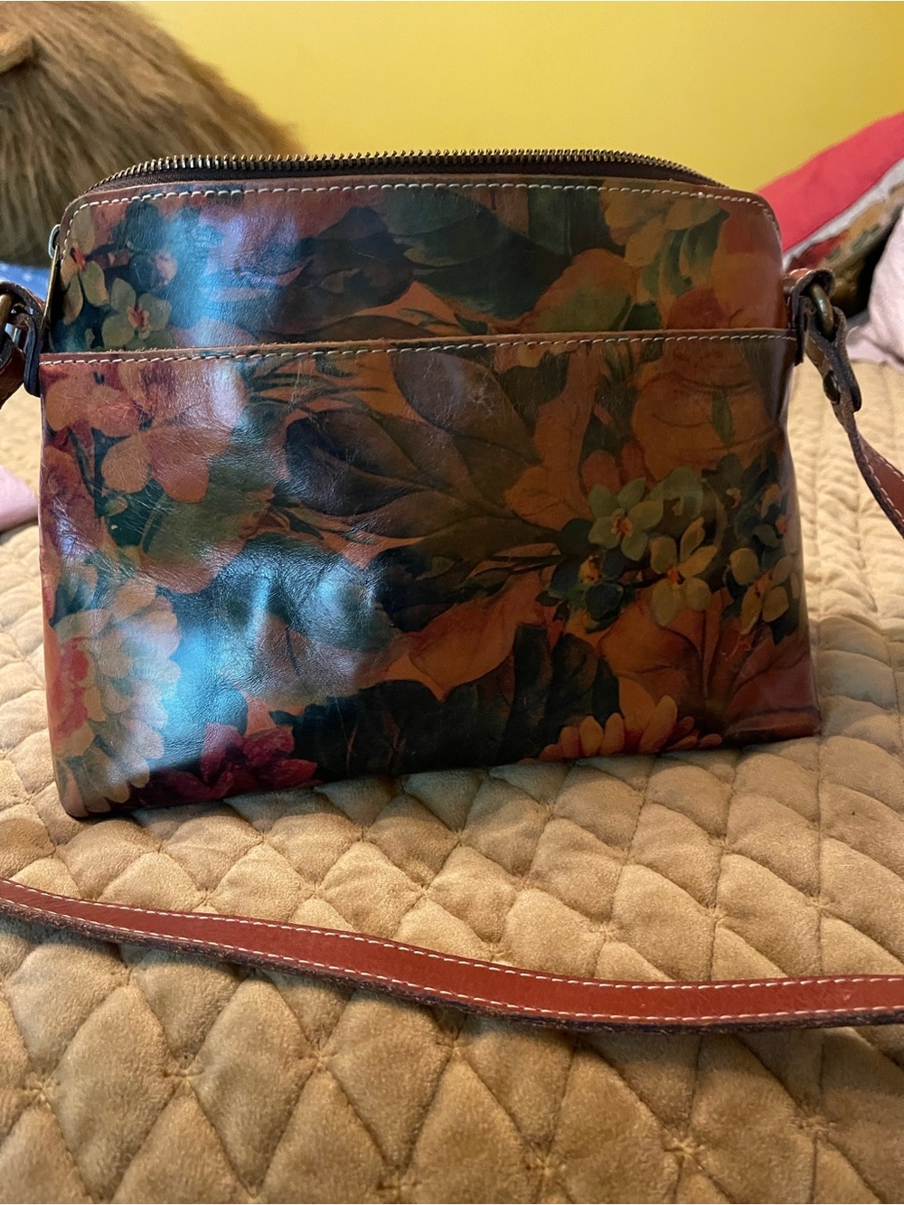 Patricia Nash Burnt Orange Floral Leather Crossbody with Buckle Detail - Picture 3 of 11